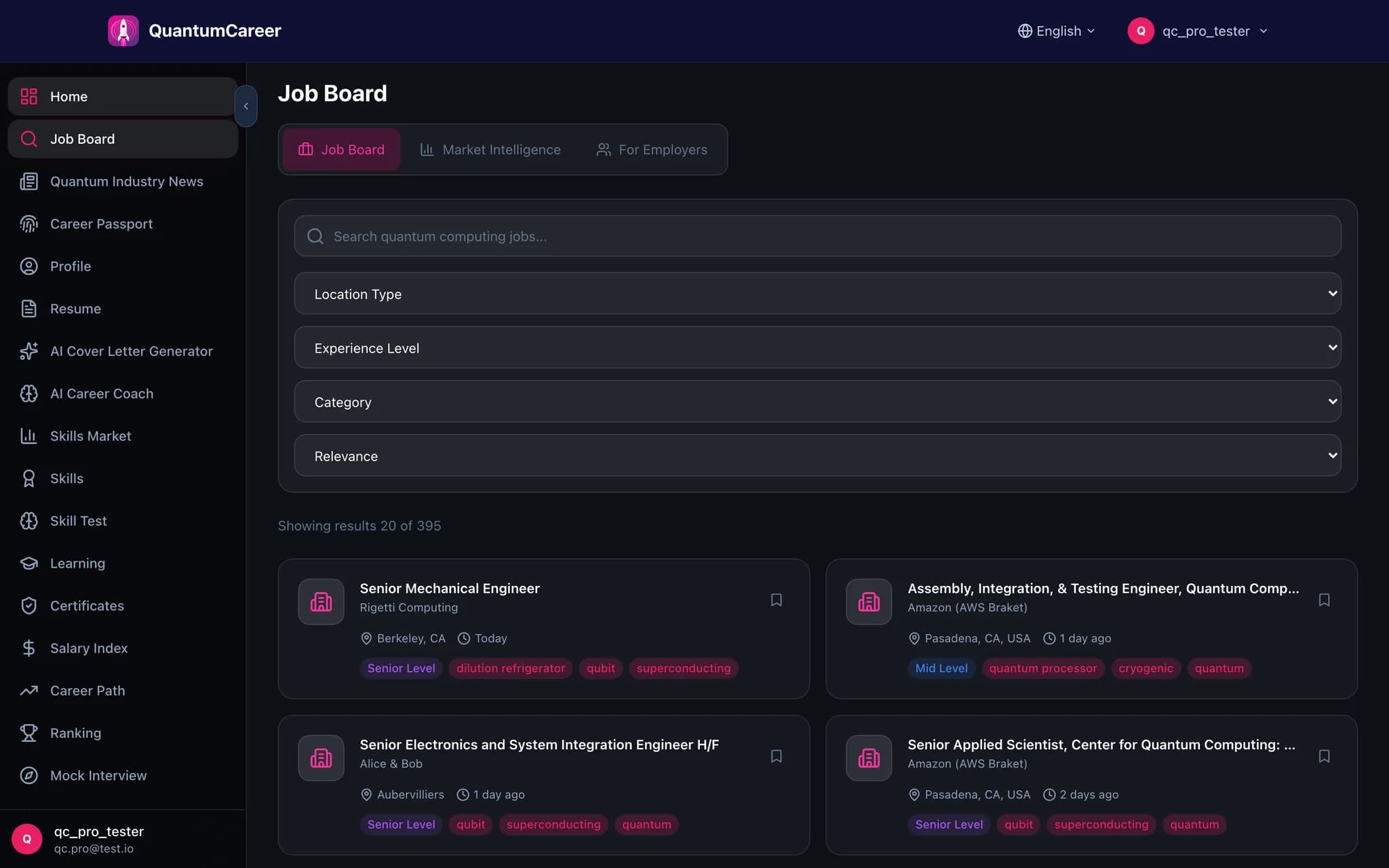 Screenshot of the QuantumCareer Job Board listing live quantum computing job postings with search and filters